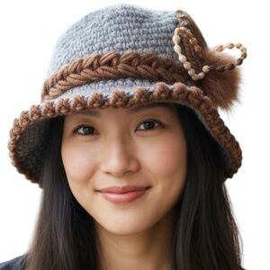 Floral Crochet Gray Hat with Brown Trim and Fur & Rhinestone Detail